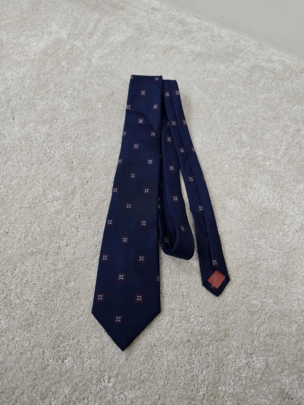 Yves Saint Laurent Navy Silk Medallion Tie with Red Accents